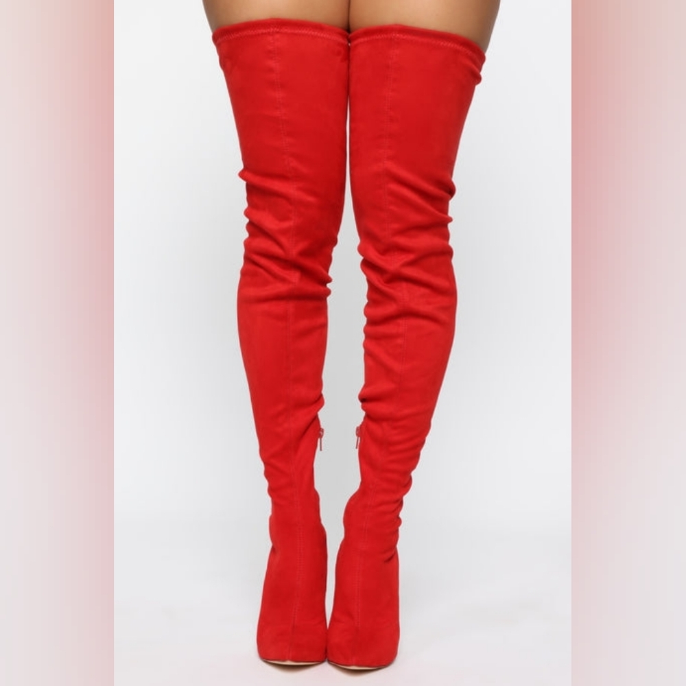 Fashion Nova Red Over Thr Knee Heeled Boots